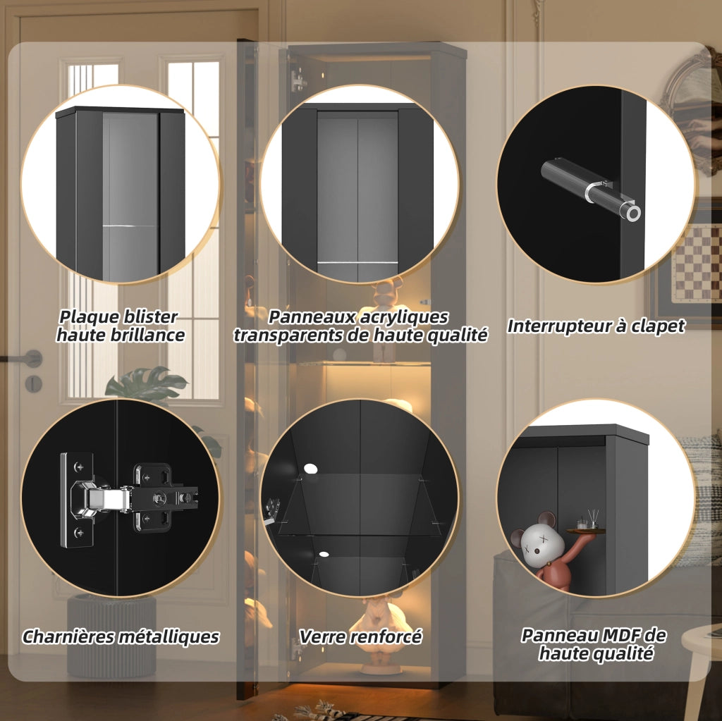 Vetrina multifunzione 40x29x170 cm con LED a colori; ripiani in vetro; nero