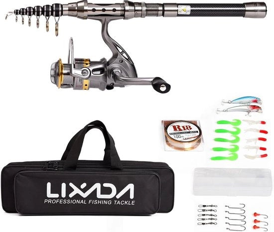 Kit di pesca telescopico con 100m di filo da pesca e asta di pesca con tasca per attrezzi da pesca