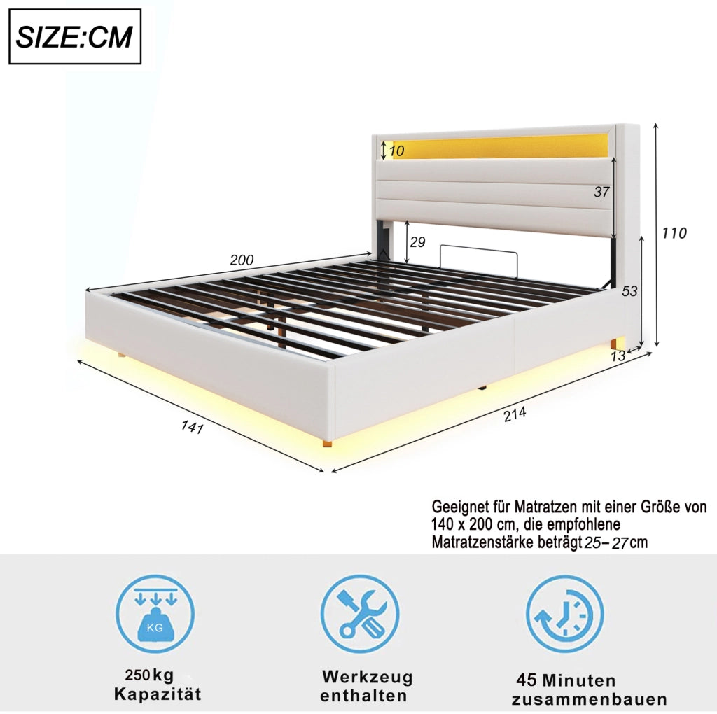 Letto imbottito 140x200 cm con contenitore idraulico; LED; USB e testiera reversibile beige