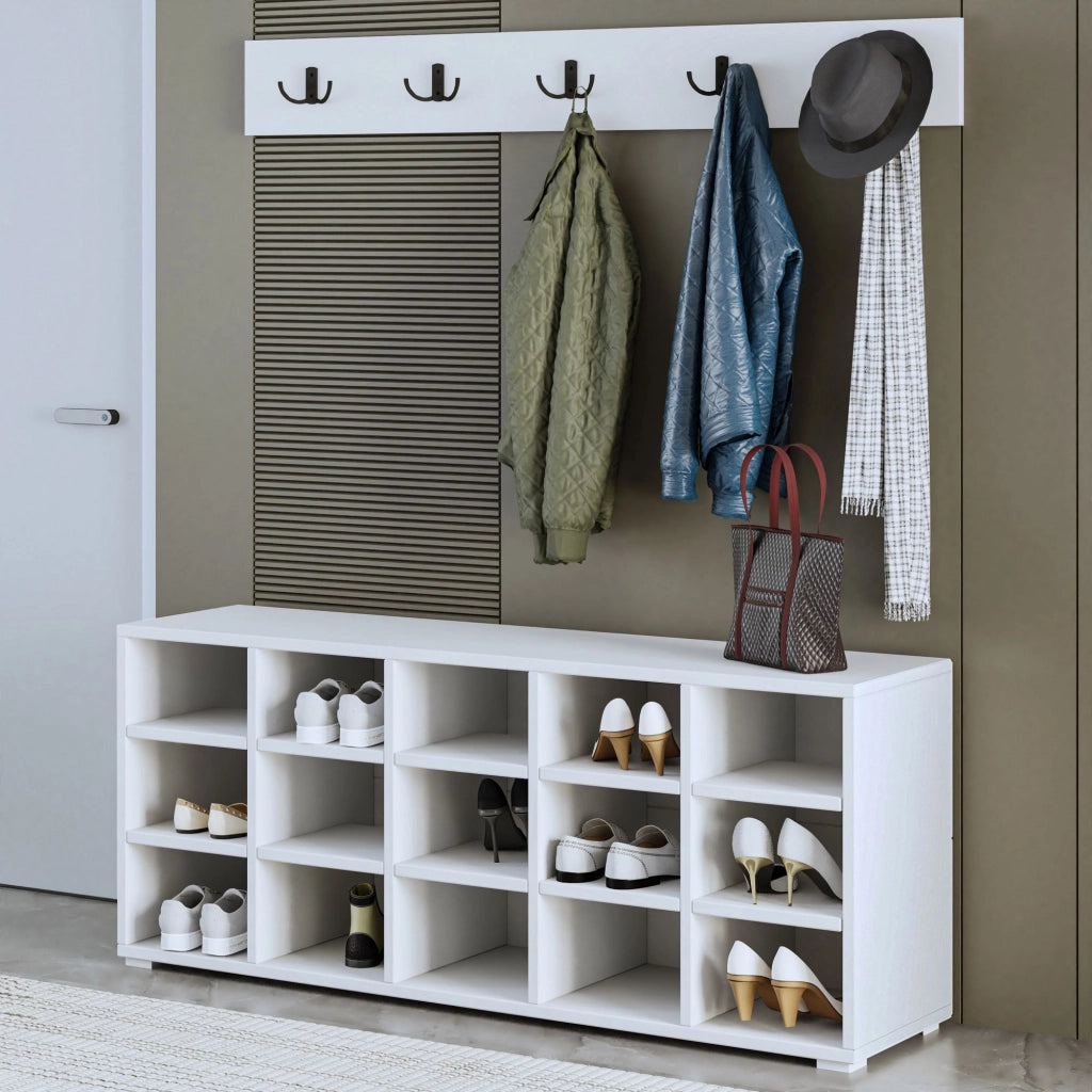 Scarpiera in legno "Talu" con appendiabiti - 120 x 30 x 52 cm - Bianco