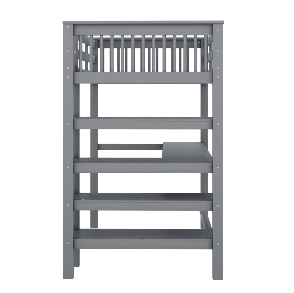 Letto a soppalco per bambini 90x200 cm con scrivania e ripiani, grigio, senza materasso