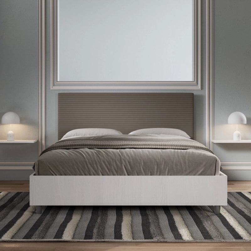Letto Matrimoniale 160x200 cm struttura bianco frassino testata Level - Similpelle,Cappuccino,Contenitore