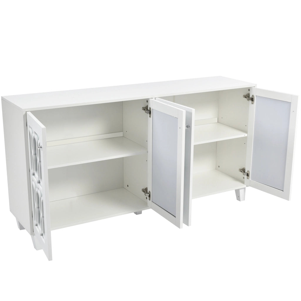 Credenza 160x40x84 cm con 4 ante; superficie specchiata; MDF bianco
