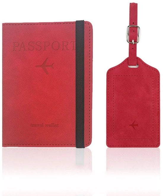 Set di portachiavi e etichetta bagaglio - Portachiavi in pelle PU - Protezione pasaporto con blocco RFID - Portachiavi con slot per carte e cintura elastica - Per carte di credito, carte d'identità, documenti di viaggio - Accessori di viaggio