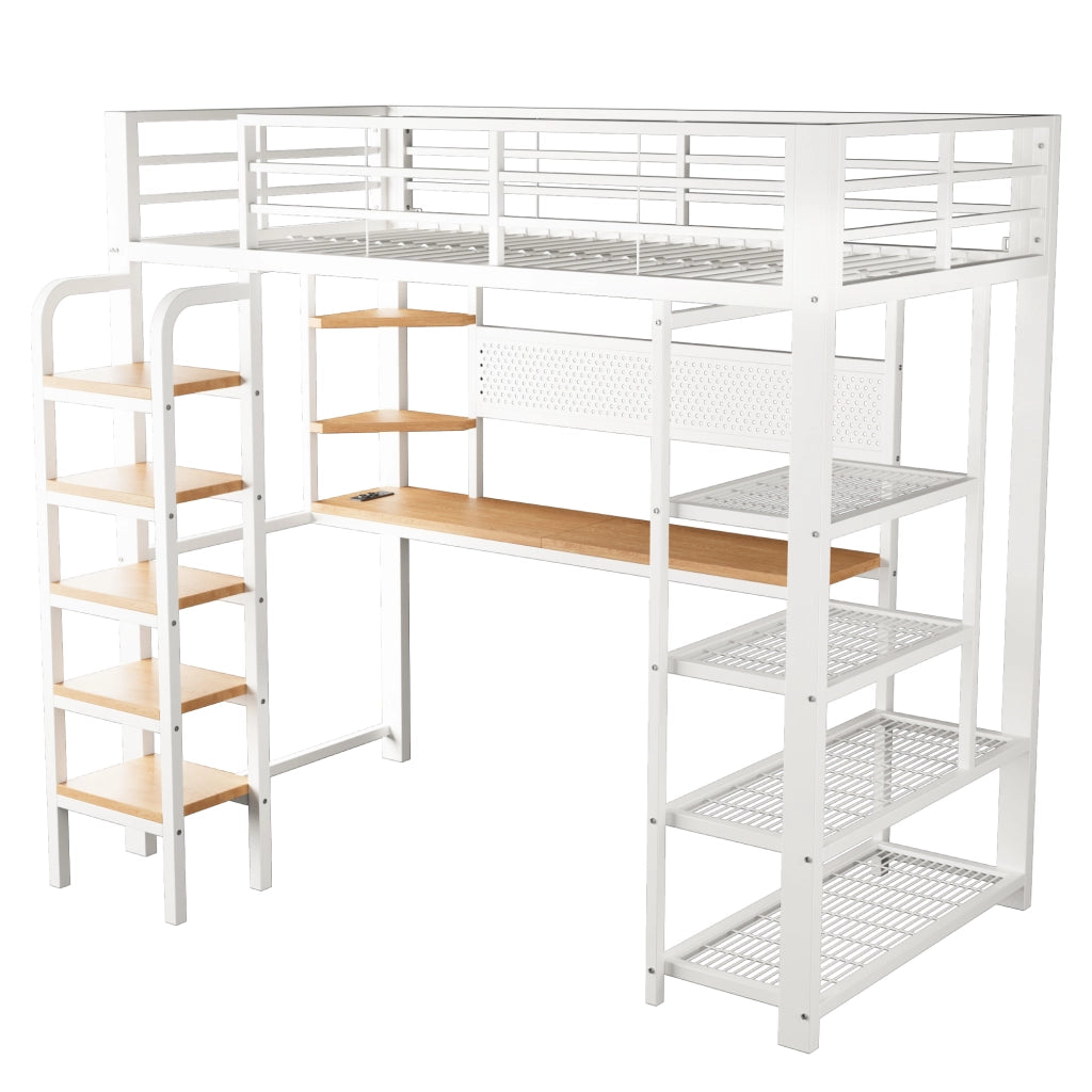 Letto a soppalco in metallo 90x200 cm con scrivania, LED RGB, prese integrate e scaffalatura multifunzione