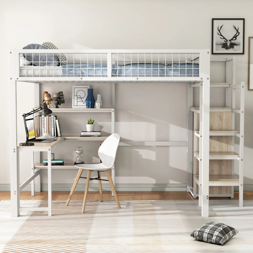 OKWISH Letto a Soppalco 140×200 cm, Letto Matrimoniale con Scrivania, Armadio e Scaffali, senza Materasso, in Metallo e MDF, Bianco