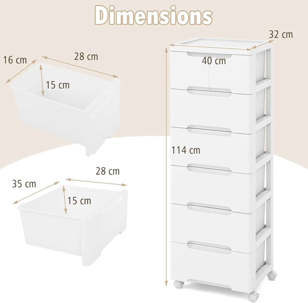 Armadietto per nicchia con ruote, scaffale per nicchia con 7 cassetti, carrello stretto con serratura a rotelle, carrello da bagno con piccolo armadio a cassetti 40 x 32 x 114 cm, bianco