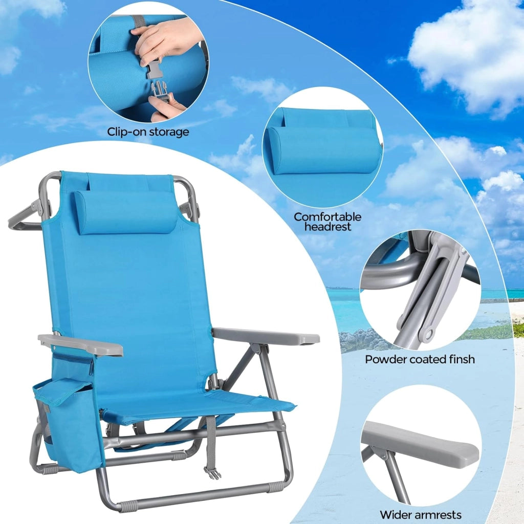 Sedia da Spiaggia Pieghevole, Sedia Pieghevole Leggera e Portatile come uno Zaino, Sedia da Campeggio, Reclinabile, Capacità di Carico fino a 150 kg, Sedia Pieghevole da Esterni