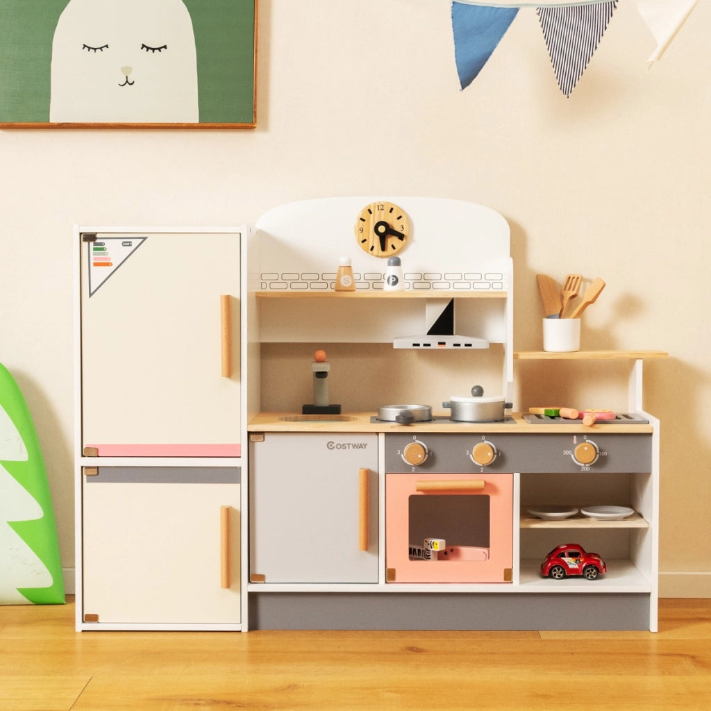Cucina giocattolo per bambini 3 anni+ con frigorifero, Set da cucina in legno con lavandino e utensili da cucina-Cucine giocattoli