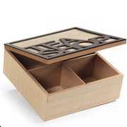 CONTENITORE PORTA TISANE, TÈ - SCATOLA IN LEGNO STILE ELEGANTE, LEGNO NATURALE, "TEA SHOP" 18 X 18 X 7H CM