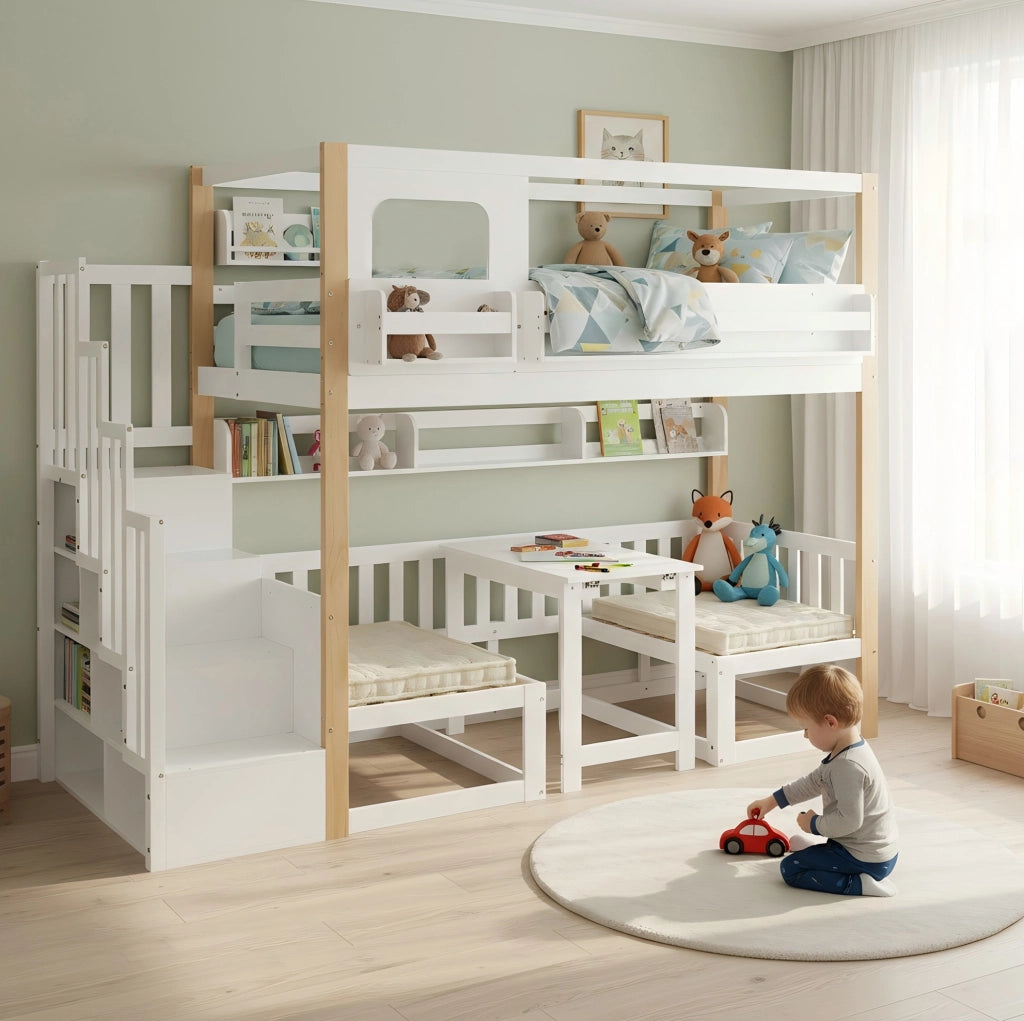Letto a soppalco per bambini 90x200 cm con scrivania pieghevole e scala contenitore