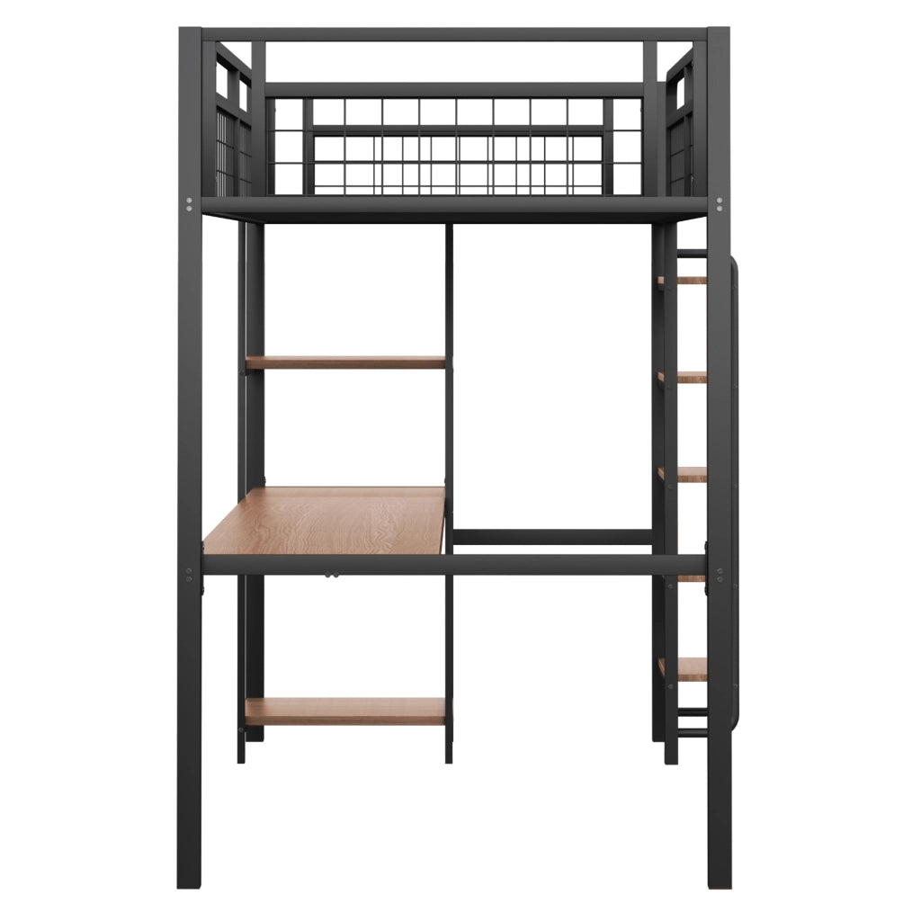 Letto a soppalco in metallo con scrivania e ripiani, 90x200 cm, nero
