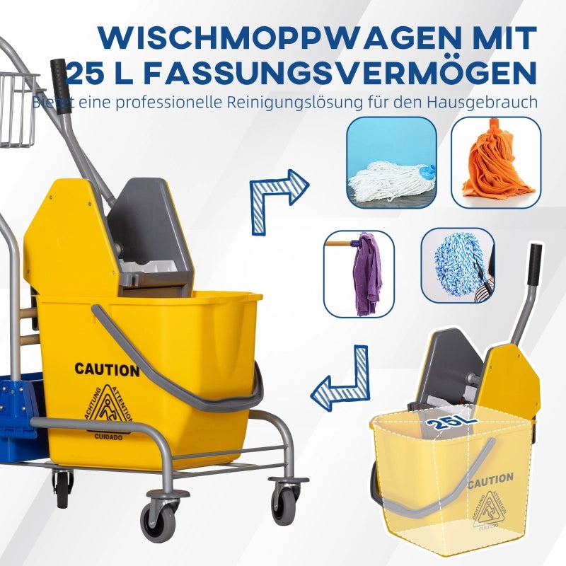 Carrello per la pulizia, carrello per mocio, capacit¨¤ 25 litri, 4 ruote, plastica, giallo