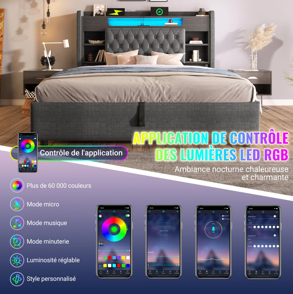 Letto matrimoniale imbottito ULEVR 180x200 cm con contenitore idraulico, LED, USB e Type-C, grigio