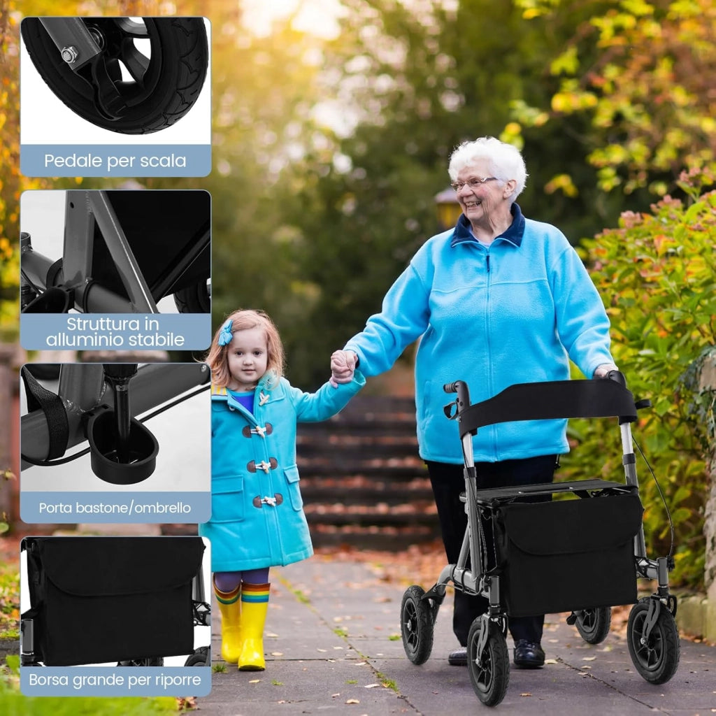 Deambulatore con Seduta 2 in 1, Rollator Pieghevole per Anziani con 4 Ruote, Maniglie Regolabili in Altezza 81-94cm, Portaombrelloni e Borsa Portaoggetti, Carico Massimo 160 kg (Nero)