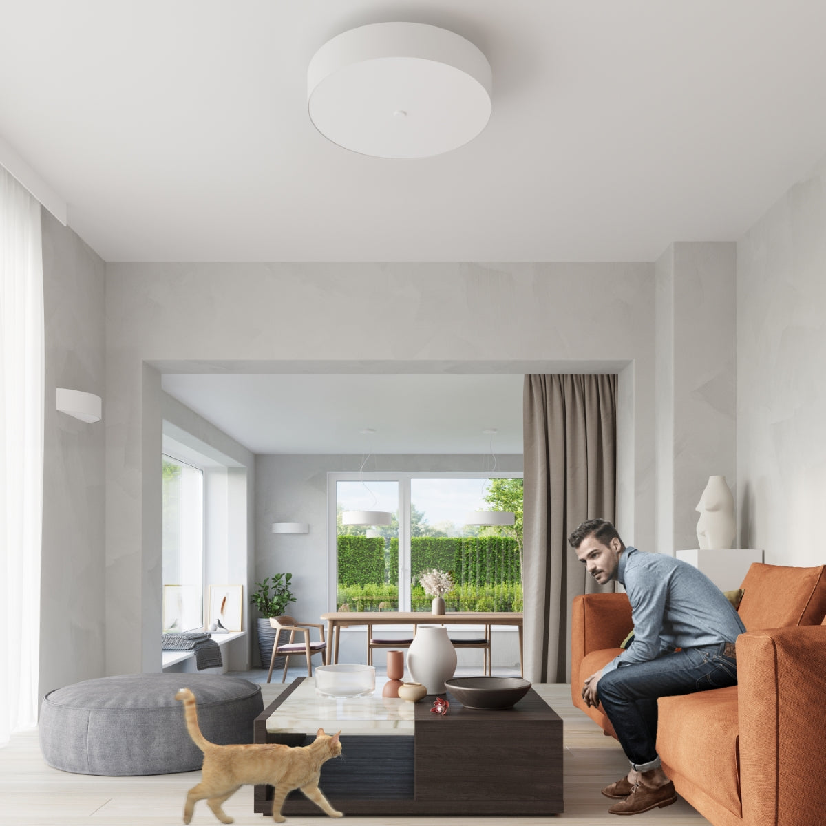 Lampadario da soffitto rotondo a 6 luci della serie SKALA in tessuto bianco, vetro e acciaio