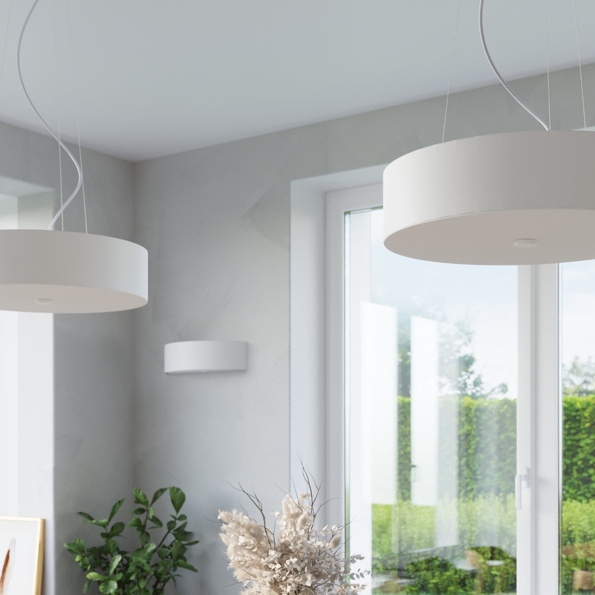Lampadario da soffitto rotondo a 6 luci della serie SKALA in tessuto bianco, vetro e acciaio