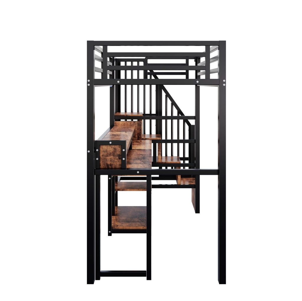 Letto a soppalco 90x200 cm in metallo e MDF; nero; con LED; USB e vano contenitore