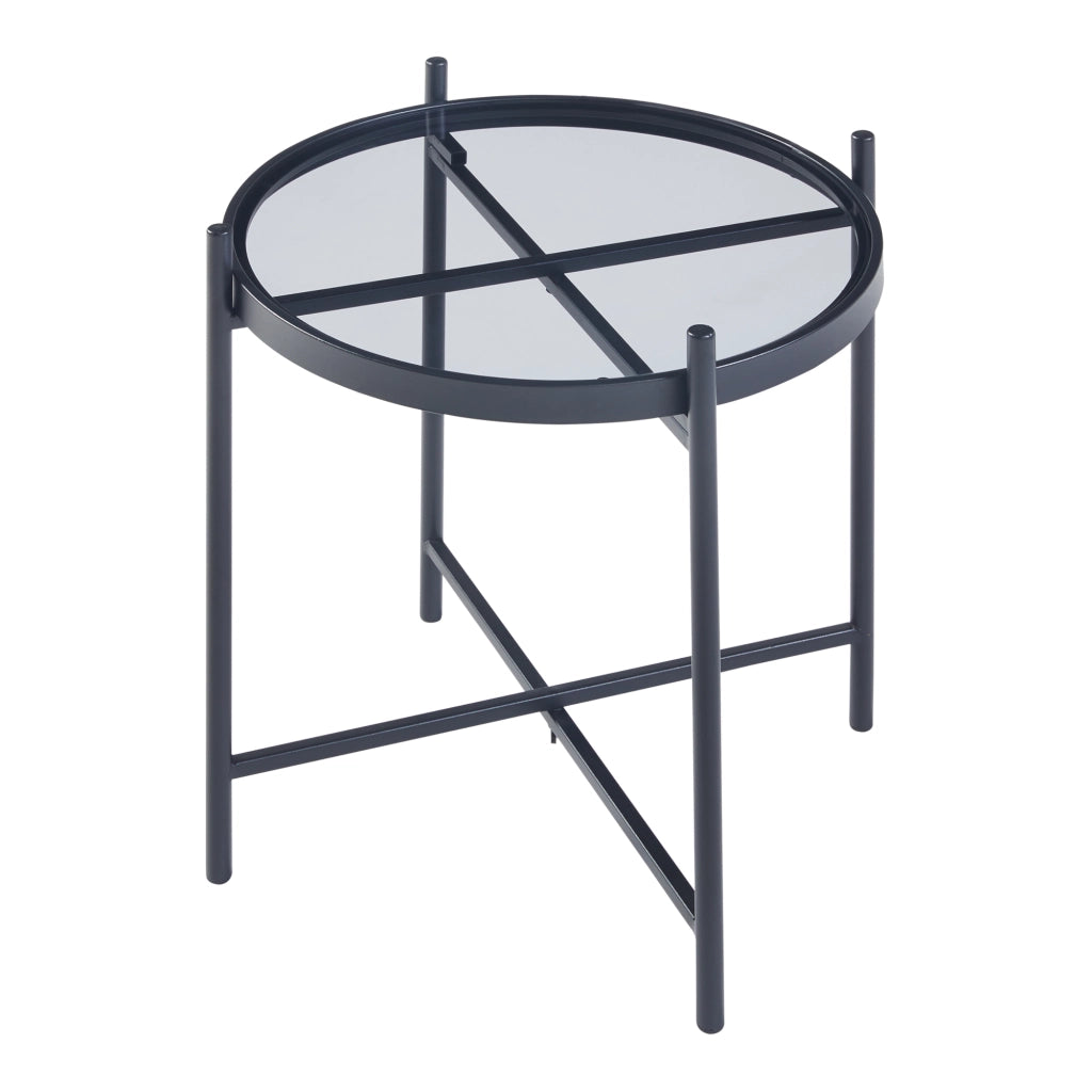 Set Lier di 2 Tavolini con Piano Rotondo in Vetro Temperato - Nero [en.casa]