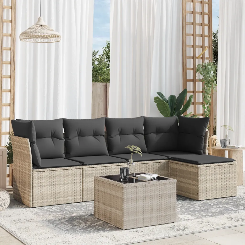 Set Divano da Giardino 6pz | Set Salotto da Giardino con Cuscini Grigio Chiaro Polyrattan