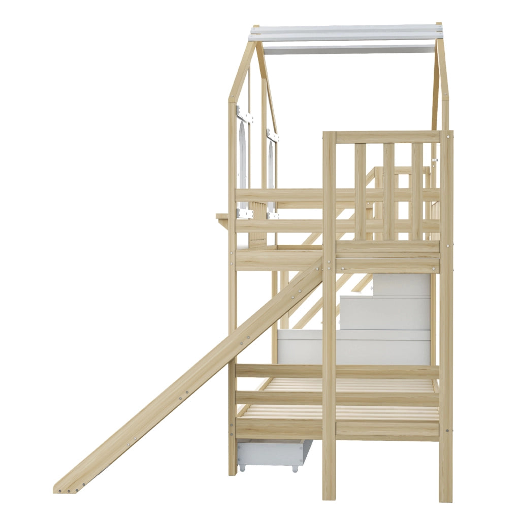 Letto a castello per bambini 90x200 cm a forma di casetta; con scivolo; scala contenitore e cassetti; naturale e bianco