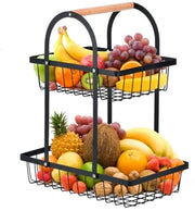 Contenitore per frutta e verdura a doppio strato in metallo con ruote e maniglia in legno