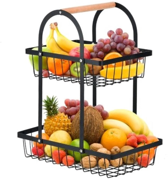 Contenitore per frutta e verdura a doppio strato in metallo con ruote e maniglia in legno