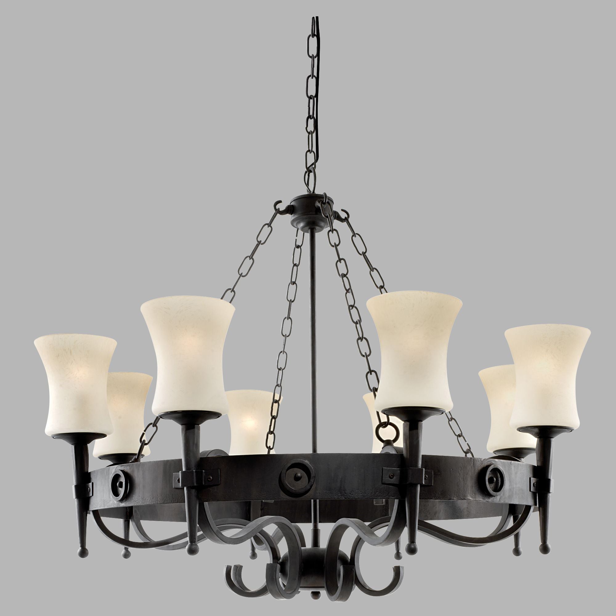 Lampadario Classico Cartwheel Acciaio Nero Vetro 8 Luci E27