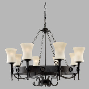 Lampadario Classico Cartwheel Acciaio Nero Vetro 8 Luci E27