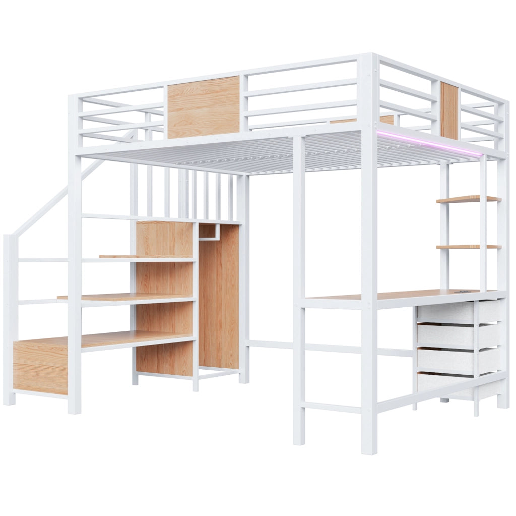 Letto a castello 140x200 cm bianco in metallo e MDF con scrivania e LED