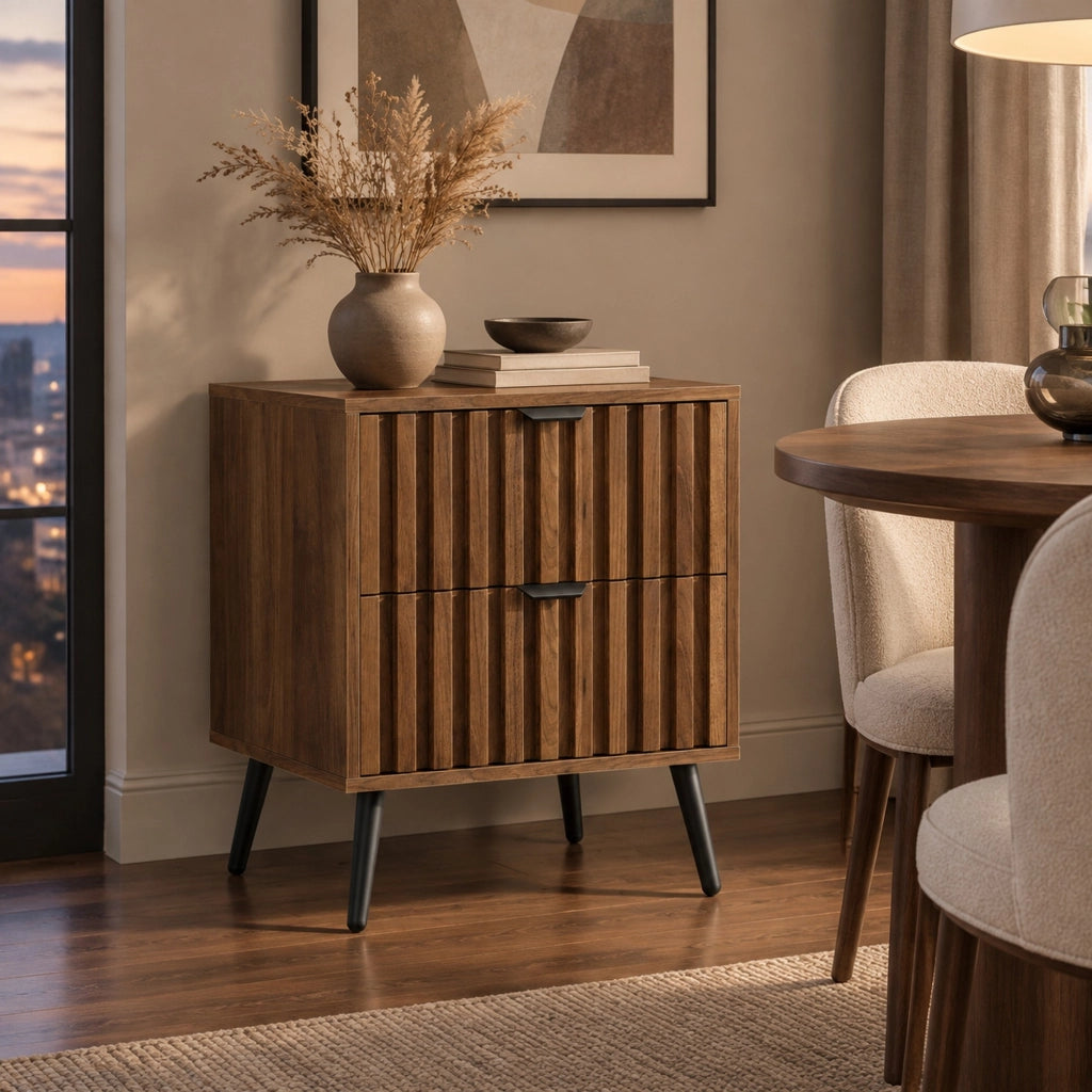 Comodino 45x40x53 cm noce in MDF, 2 cassetti con gambe in metallo