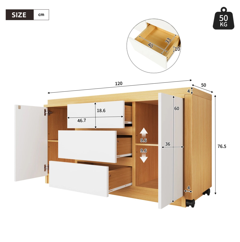 Scrivania pieghevole 120x50x76.5 cm girevole a 360°; con ruote frenanti in truciolare naturale e bianco