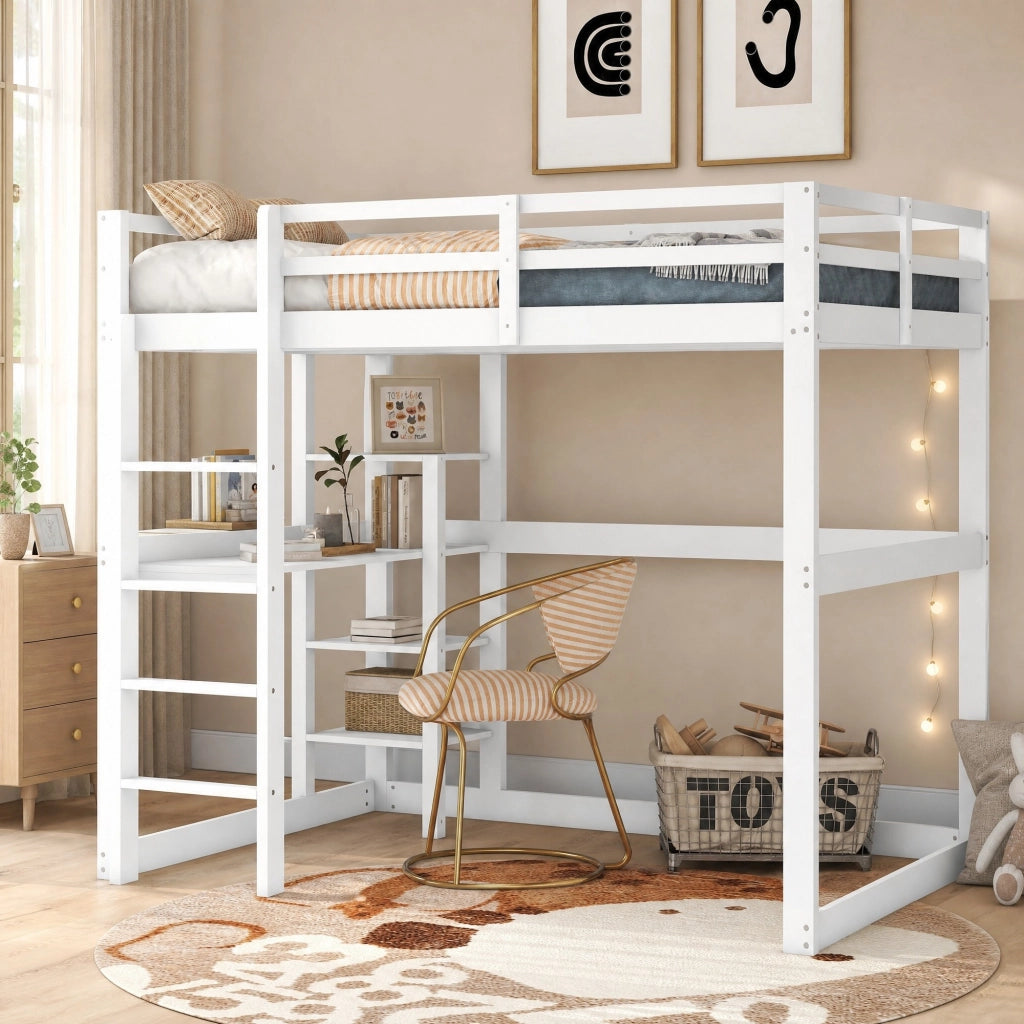 Letto a soppalco 140 × 200 cm con scrivania e 4 ripiani in legno e MDF bianco antico