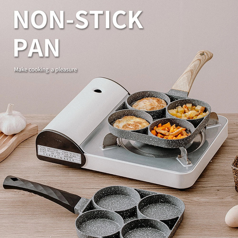 Trade Shop - Padella Pancake 4 Scomparti In Lega Di Alluminio Antiaderente Con Manico Legno -