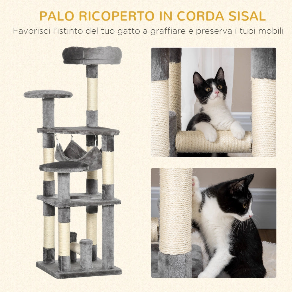 Albero Tiragraffi per Gatti 4 Livelli con Amaca e Piattaforme ¨C zephmum ¨C Grigio 132cm
