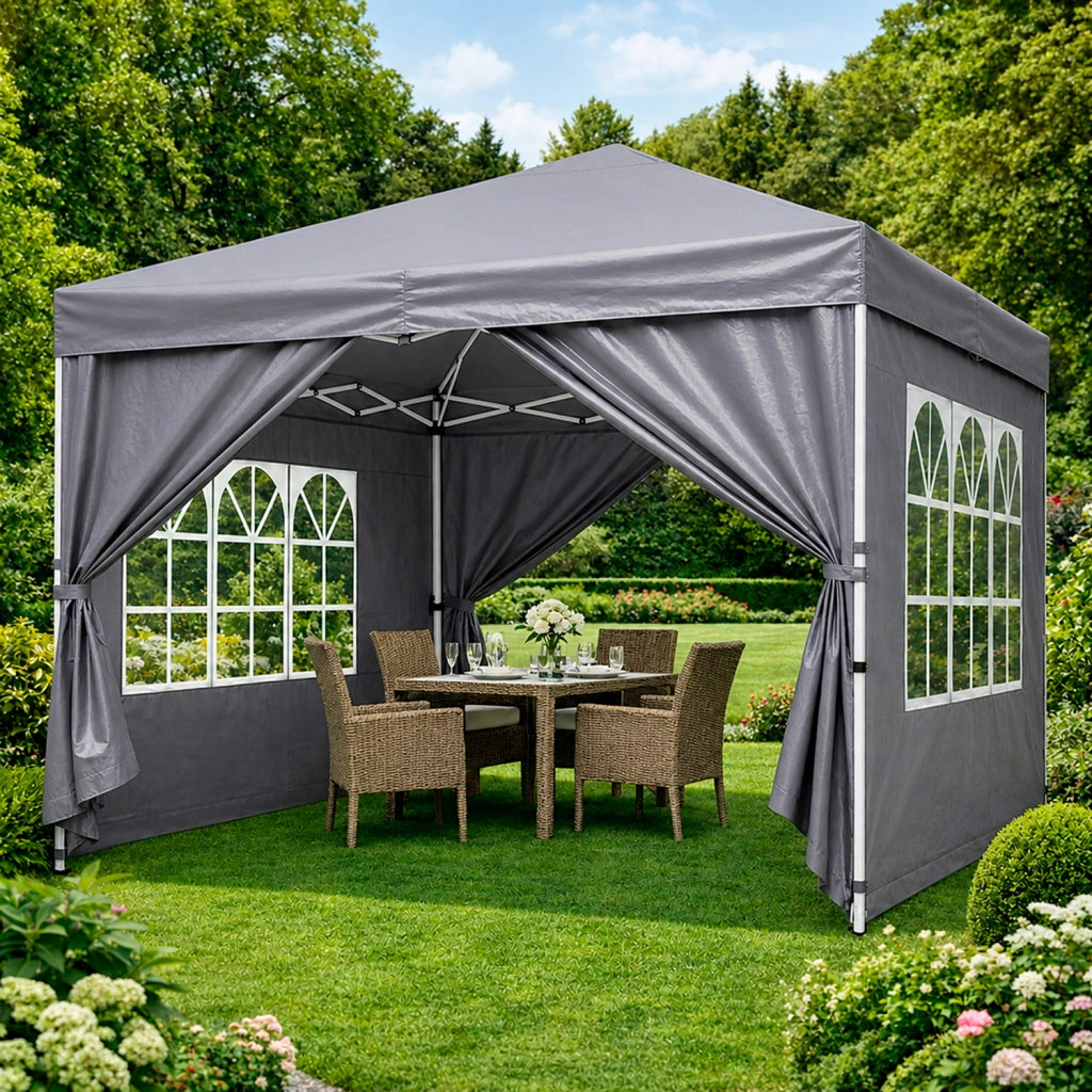Gazebo Pieghevole Da Giardino Con Pareti Laterali E Finestre Trasparenti Sistema Pop Up Copertura Impermeabile UV50+ Telaio In Acciaio Per Eventi Outdoor 3 x 3 x 2.59 M Grigio