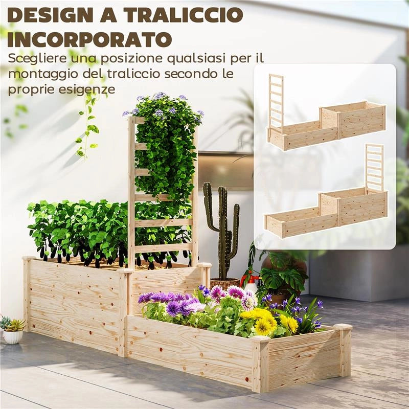 FIORIERA RIALZATA CON GRIGLIATO PER RAMPICANTI E DIVISORIO IN LEGNO DI ABETE 222X63X132 CM COLOR LEGNO