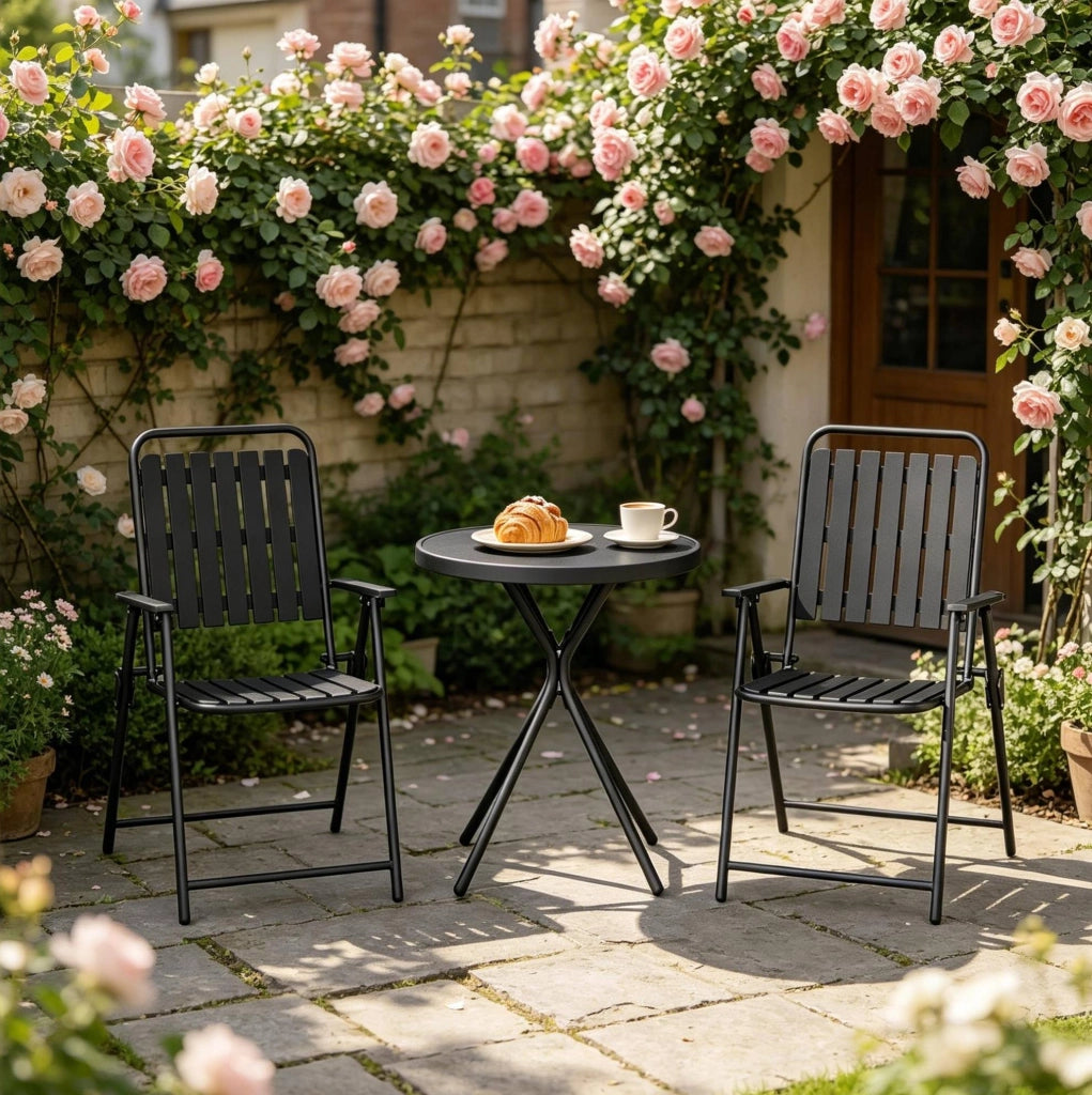 Set mobili da giardino 3 pezzi con tavolo e 2 sedie pieghevoli; nero