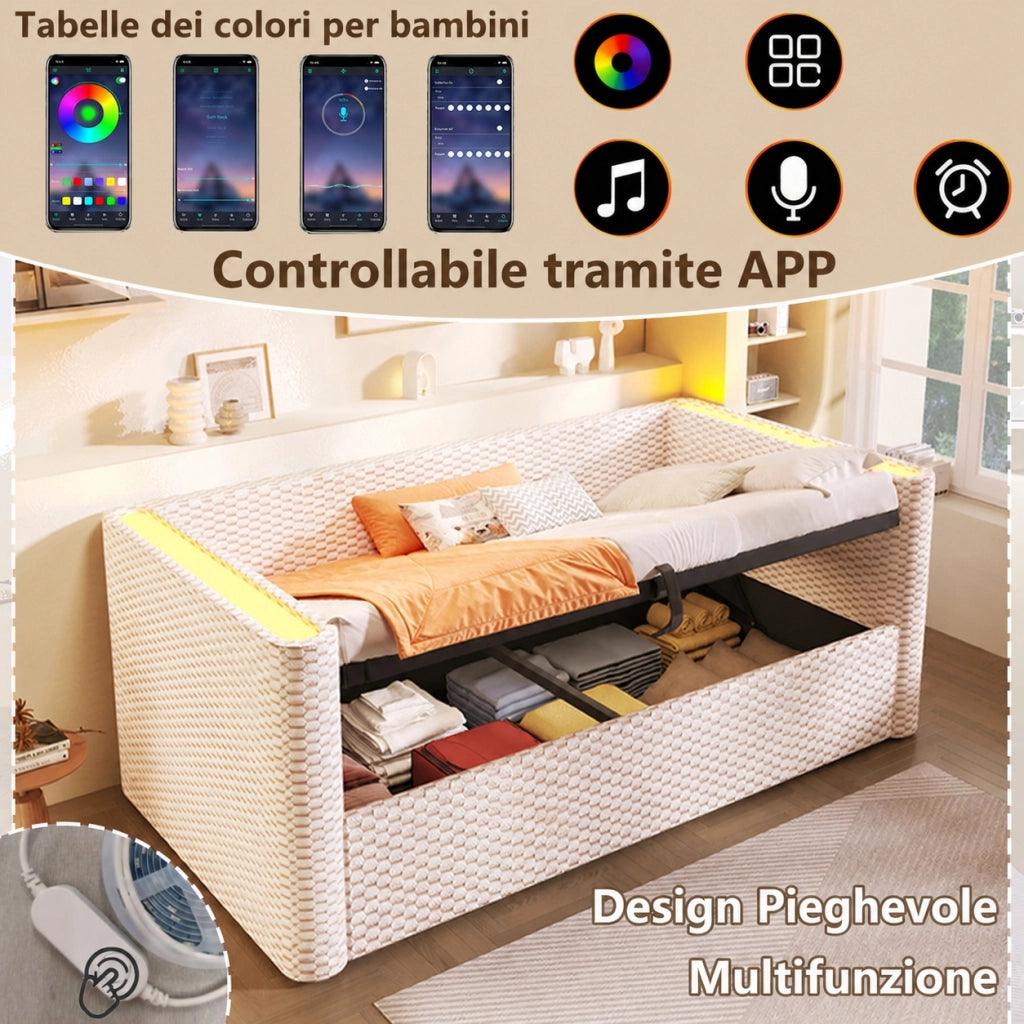 Letto divano singolo 90 x 200 cm con contenitore idraulico e LED multicolore; velluto e MDF; grigio