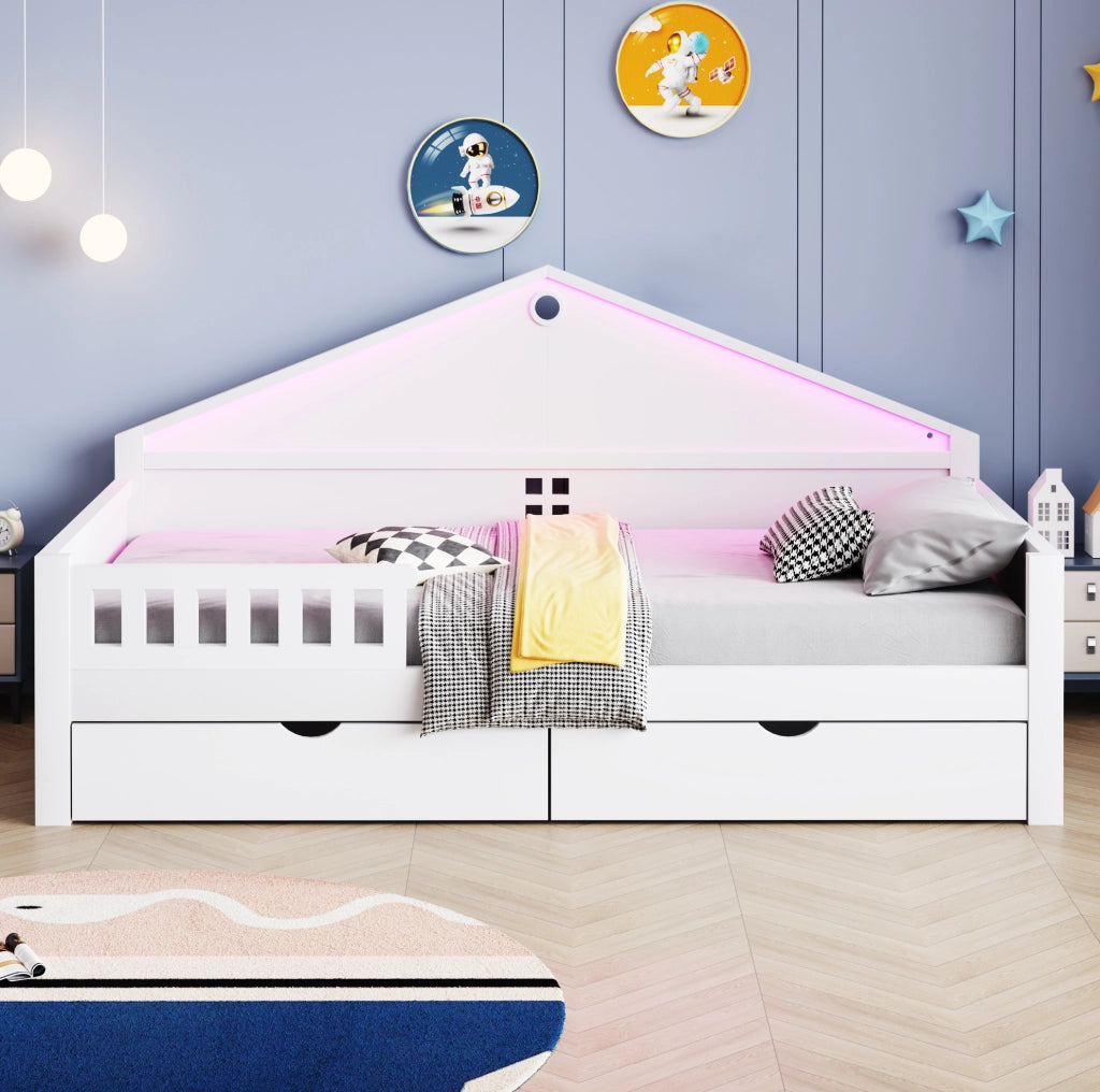 Letto singolo per bambini 90x200 cm in legno con LED integrato e cassetti, bianco