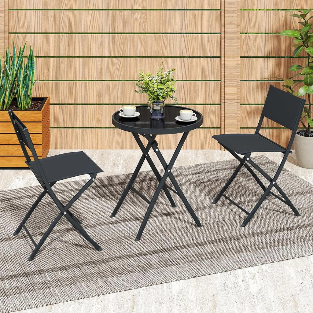 Set da bistrot da 3 pezzi, pieghevole, set da giardino in tessuto tessile con telaio in metallo, set da tavolo in vetro temperato e 2 sedie, set da pranzo per balcone, terreza