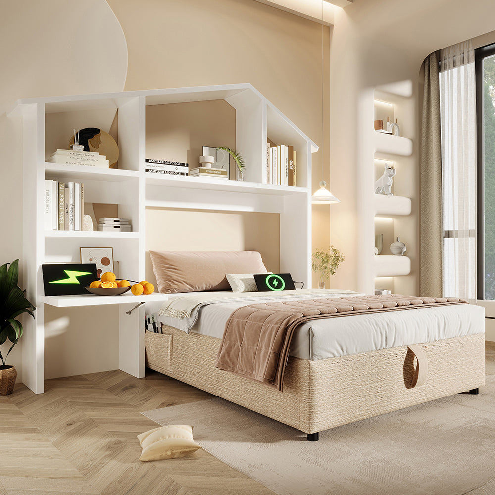 Letto bambino-Xylo-90x200 cm-imbottito, libreria, USB-C, idraulico, colore naturale