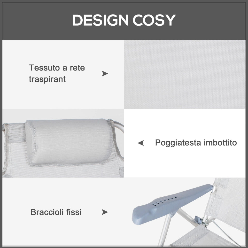 Set 2 Sedie da Campeggio Pieghevoli 62x65x80 cm Reclinabili su 6 Livelli Grigio Chiaro