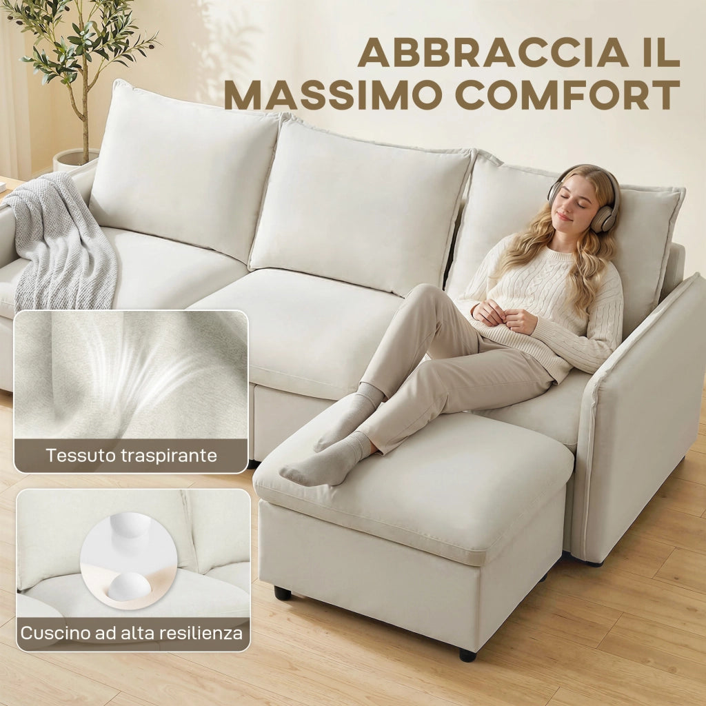 Divano Angolare 3 Posti Modulare in Tessuto con Contenitore e Poggiapiedi ¨C Zephmum ¨C Crema