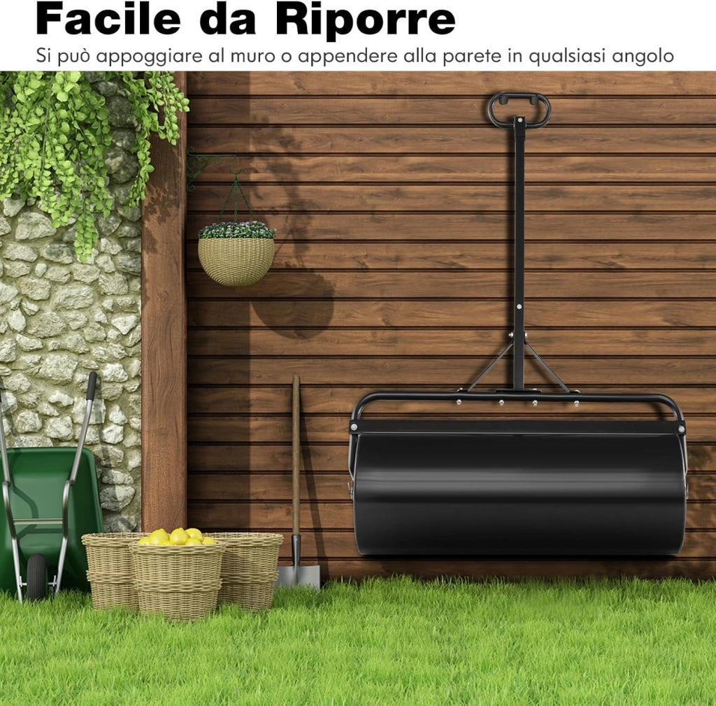 Rullo da Giardino per Prato 113 L 90 x 40 cm, Rullo per Prato in Metallo Riempibile di Acqua/Sabbia con Manico Antiscivolo, Ideale per Cortile, Parco e Fattoria (Nero)