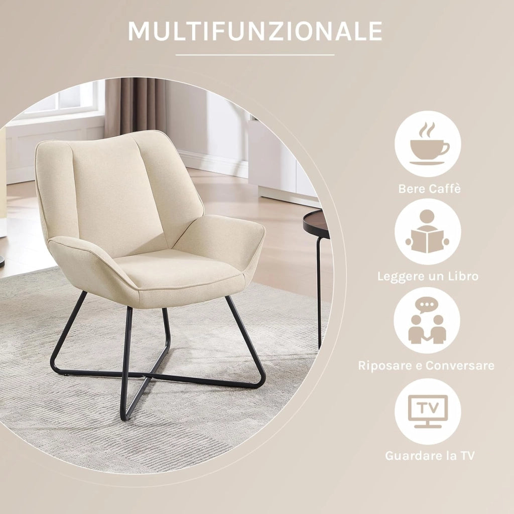 Poltroncina Camera da Letto, Poltrone Salotto, in Lino, con Gambe in Metallo, Portata 150 kg, Beige