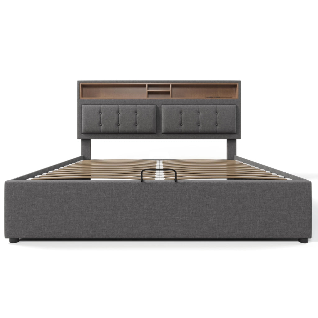 Letti contenitori 160x200 cm; testiera regolabile con USB e prese; lino grigio (Senza materasso)