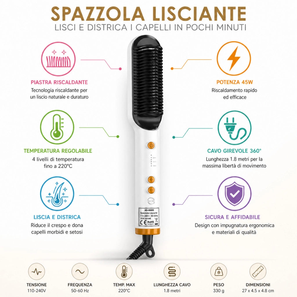 SPAZZOLA LISCIANTE ELETTRICA PER CAPELLI 45W PIASTRA SPAZZOLA STIRANTE AS-06005