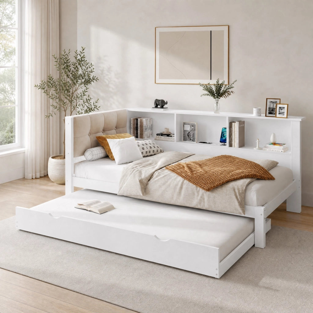 DESMIU Letto singolo 90 × 200 cm con letto estraibile, LED regolabile, ripiani e USB, senza materasso, bianco
