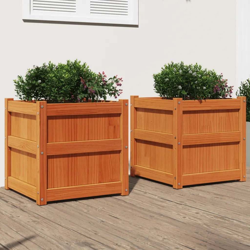 2 pz Fioriere | Cassetta per fiori | Vaso da Giardino Marrone Cera Legno Massello di Pino